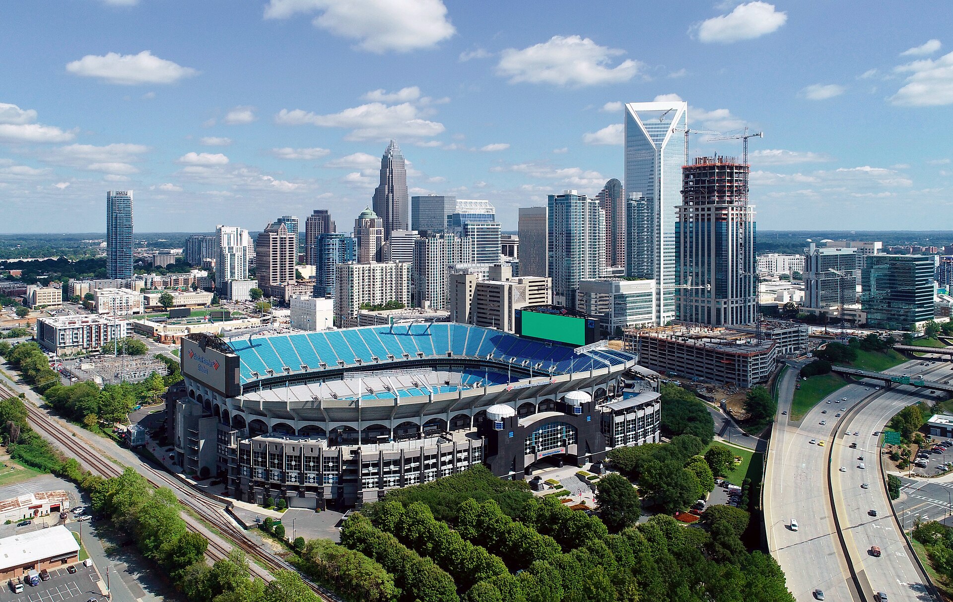 Aerial view of the Charlotte skyline and Bank of America Stadium